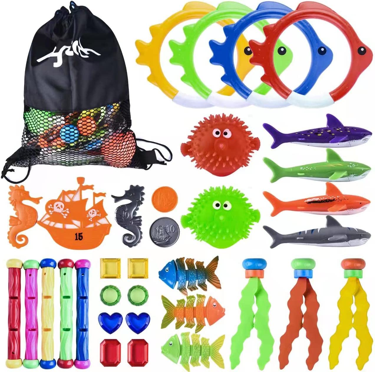 ''heytech 33 PCS Dive TOYS Pool TOYS for Kids Includes 4 Diving Sticks, 4 Diving Rings, 5 Pirate Trea