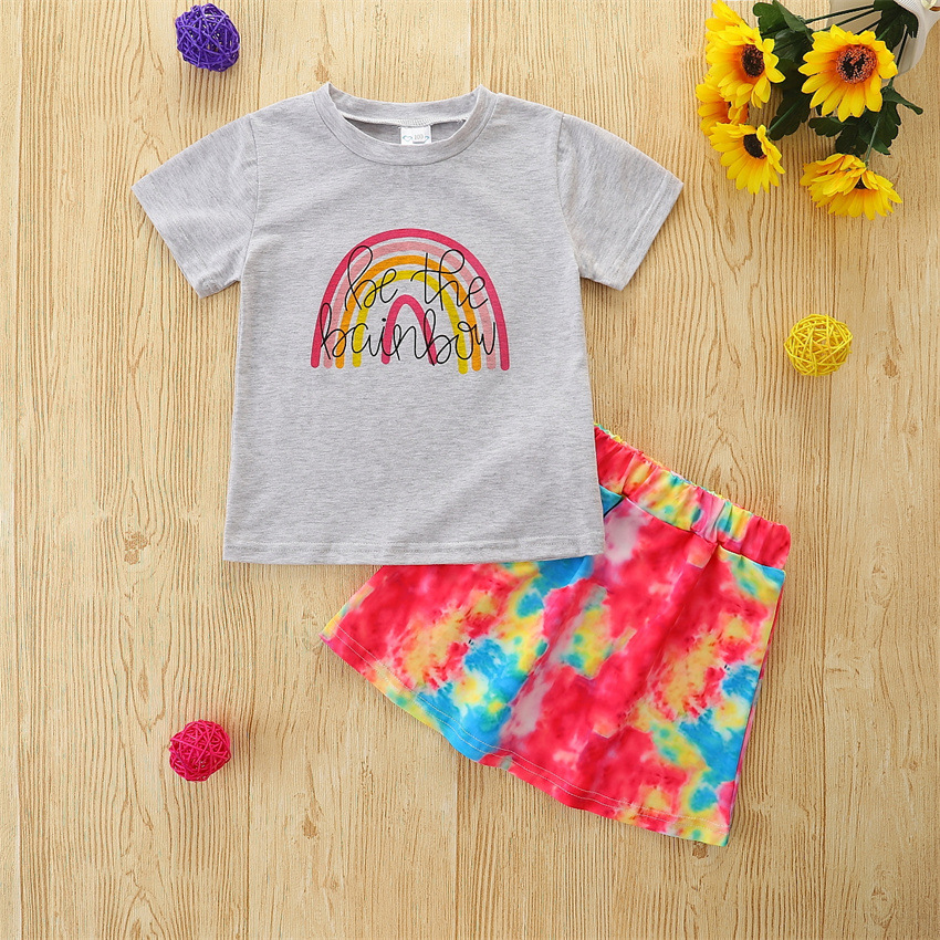 Children CLOTHING Summer Girls Kids Rainbow Print Grey Short Sleeve Top Tie Dye Shorts Set
