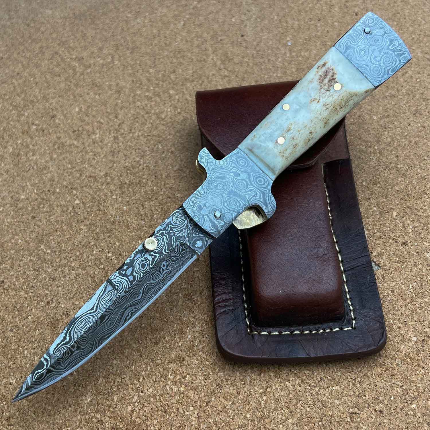 ''8.25'''' Damascus Steel Custom Handmade Folding Pocket KNIFE Stag Handle''