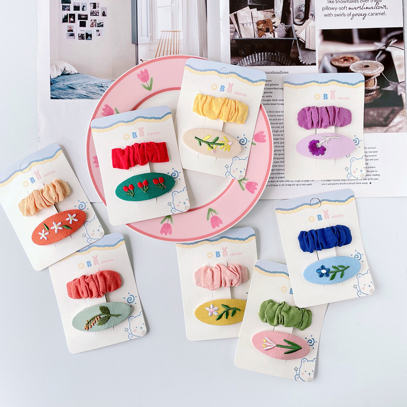 Kids Small Fresh Embroidery Floral Pleated HAIR Clip HAIR ACCESSORIES Set